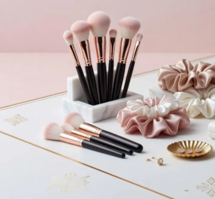 Elegáns szépségápolási kiegészítők letisztult, blush árnyalatú környezetben