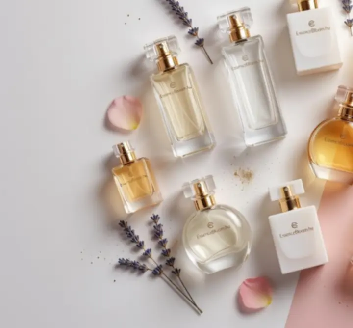 Elegáns, válogatott parfümkollekció üvegcsékkel és letisztult háttérrel