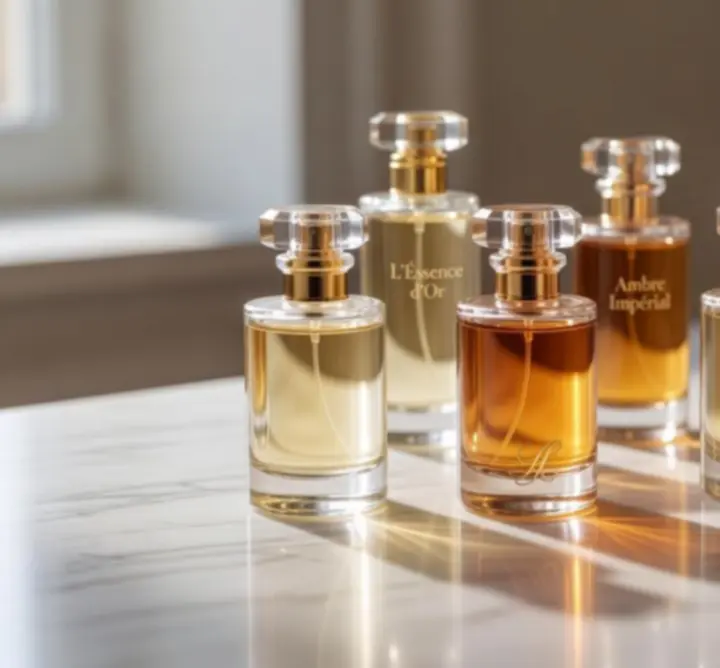 Különböző parfüm üvegek elegáns elrendezésben