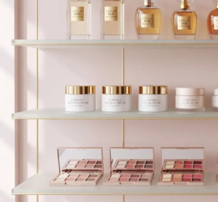 Termékgaléria, amely prémium szépségápolási termékeket jelenít meg rendezett rácsban