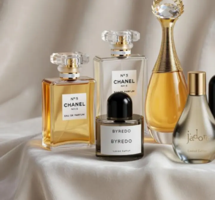 Dizájner parfümös üvegek kifinomult elrendezésben