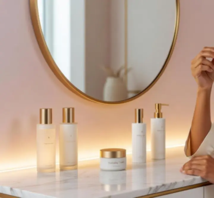 Természetes, inspiráló életkép ragyogó bőrű nővel, aki arcápolási rutinját végzi